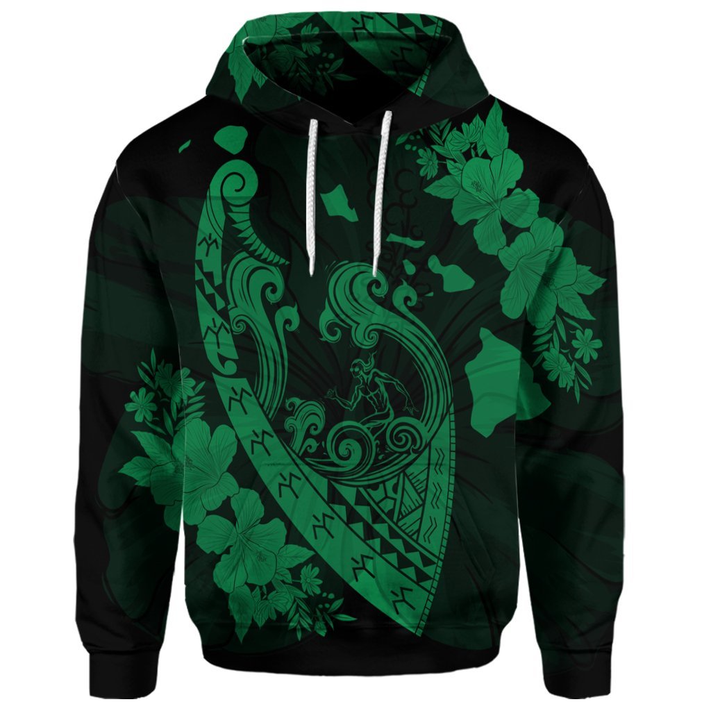 Custom Hawaiian Fish Hook Hibiscus Banzai Surfing Polynesian Hoodie Green - Polynesian Pride