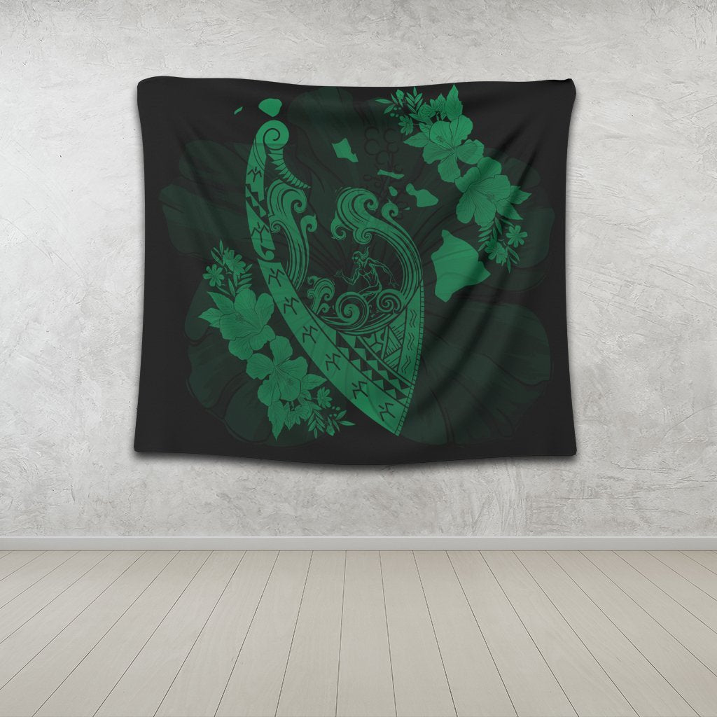 Hawaiian Fish Hook Hibiscus Banzai Surfing Polynesian Tapestry Green - AH - Polynesian Pride