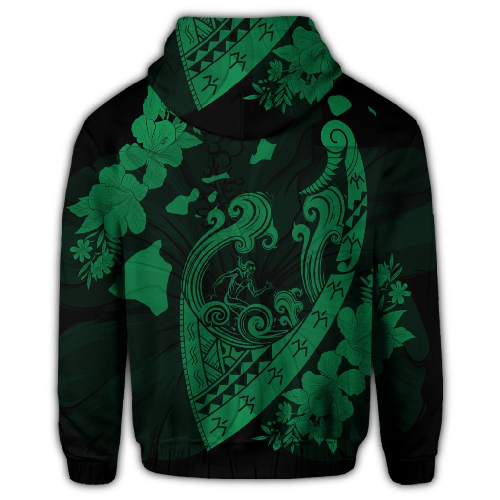 Hawaiian Fish Hook Hibiscus Banzai Surfing Polynesian Zip Hoodie Green - Polynesian Pride