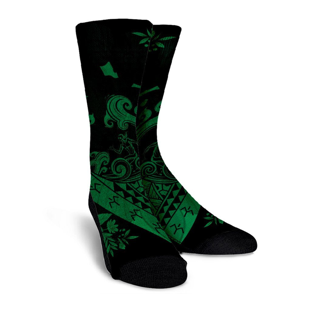 Hawaiian Fish Hook Hibiscus Banzai Surfing Polynesian Crew Socks Green - AH - Polynesian Pride