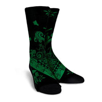 Hawaiian Fish Hook Hibiscus Banzai Surfing Polynesian Crew Socks Green - AH - Polynesian Pride