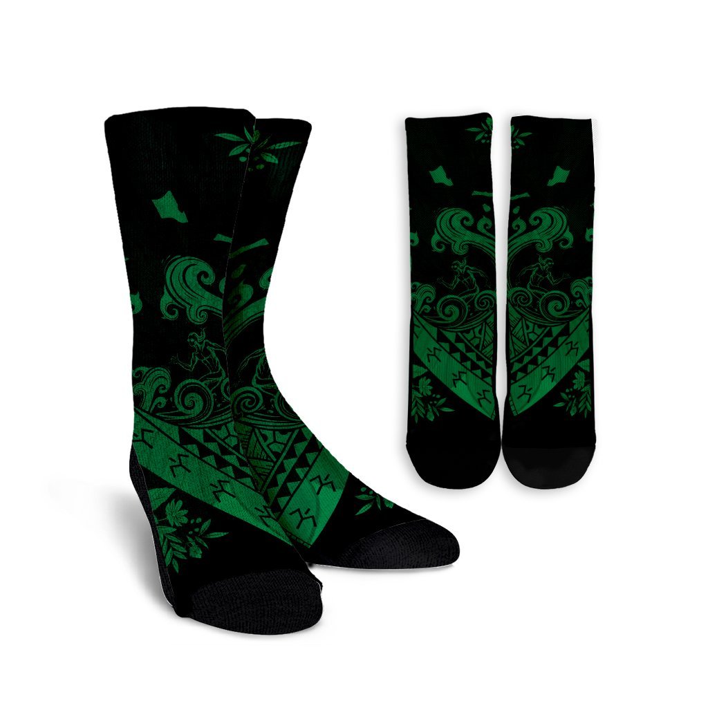 Hawaiian Fish Hook Hibiscus Banzai Surfing Polynesian Crew Socks Green - AH Crew Socks White - Polynesian Pride