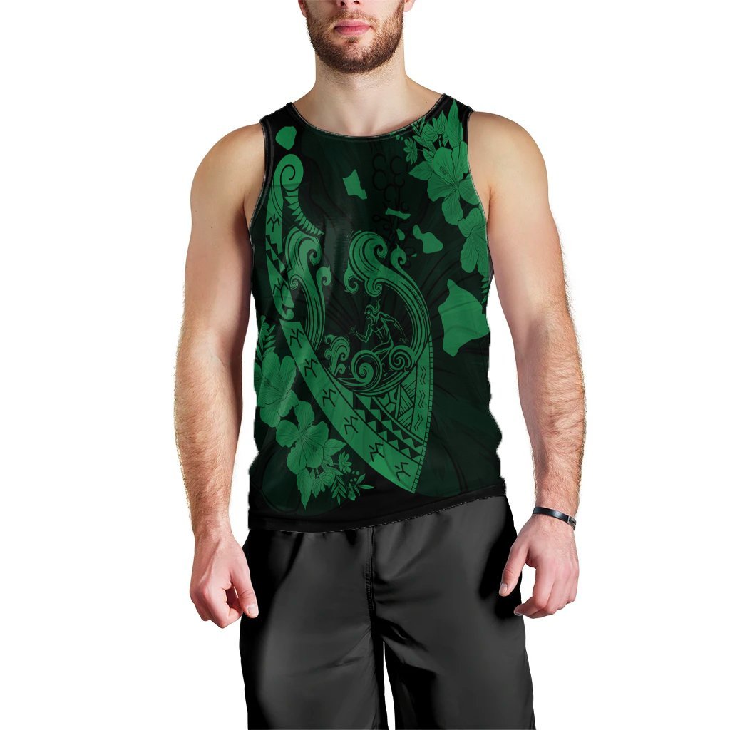 Hawaiian Fish Hook Hibiscus Banzai Surfing Polynesian Tank Top Green - AH Men's Tank Top Black - Polynesian Pride