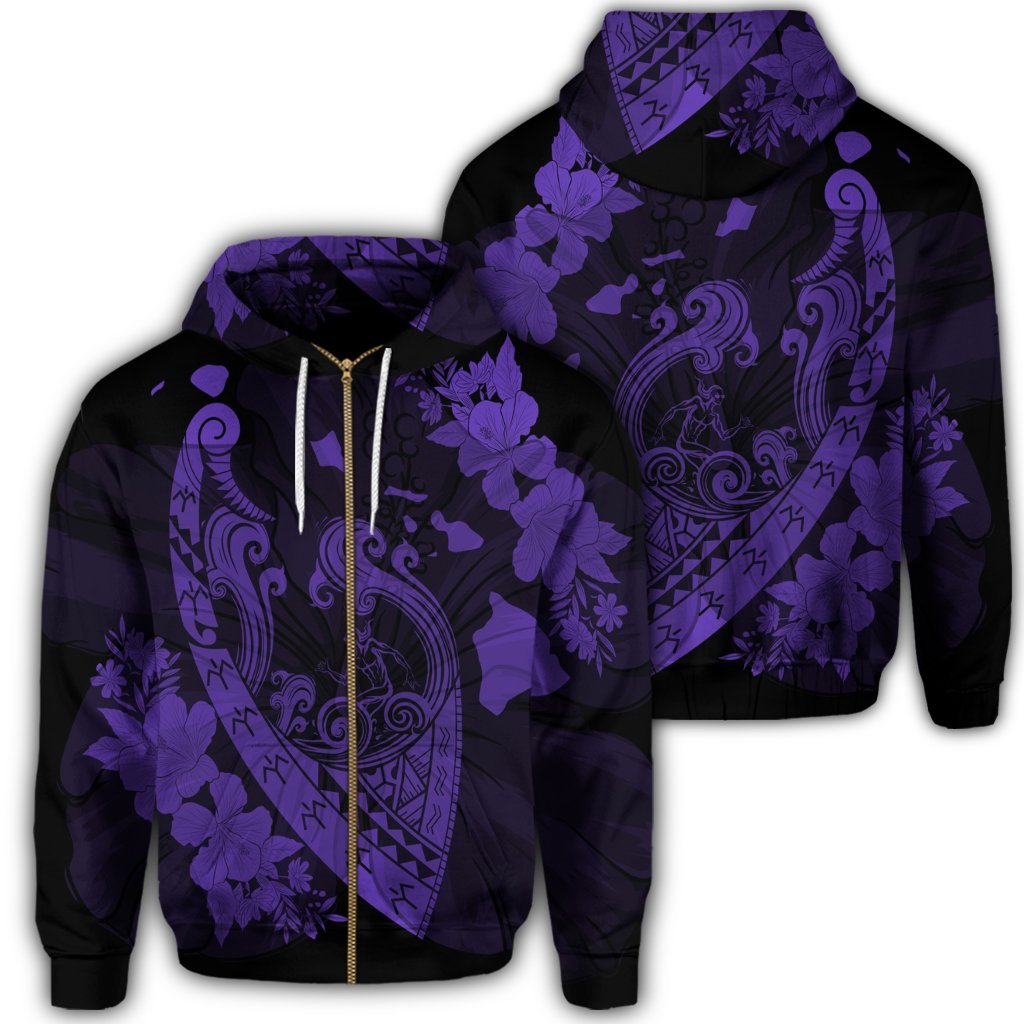 Hawaiian Fish Hook Hibiscus Banzai Surfing Polynesian Zip Hoodie Purple Unisex Art - Polynesian Pride