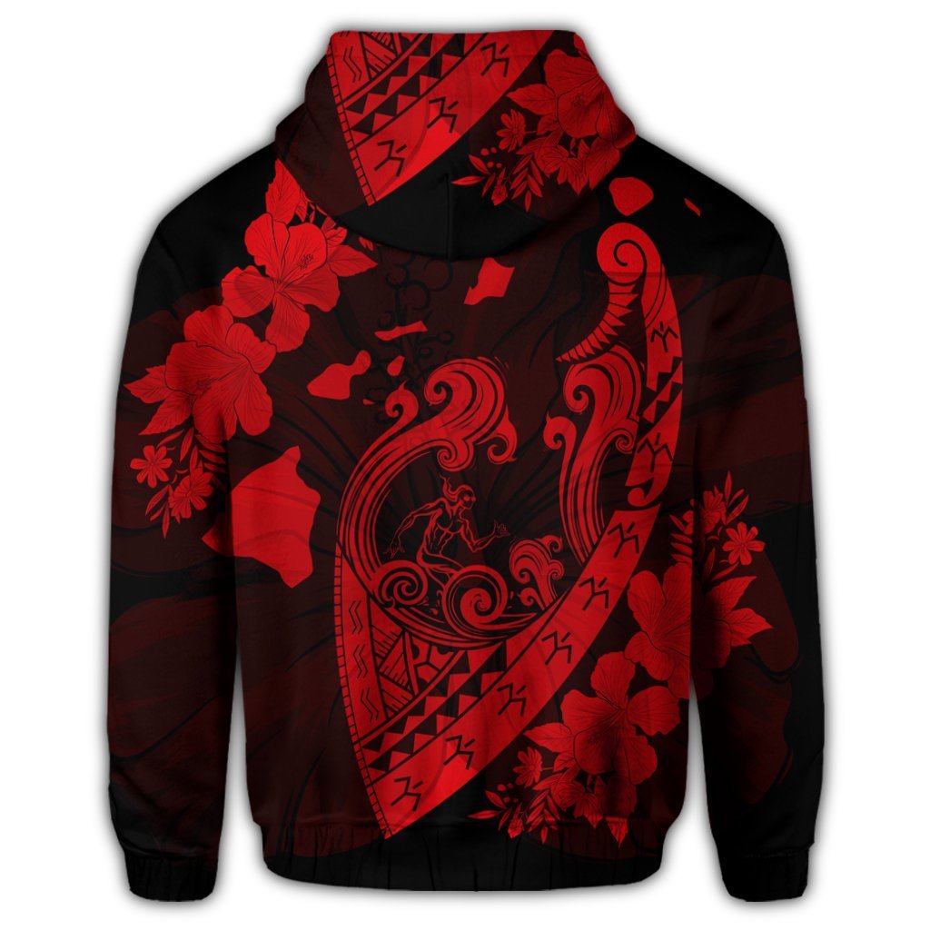 Hawaiian Fish Hook Hibiscus Banzai Surfing Polynesian Hoodie Red - Polynesian Pride