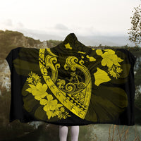 Hawaiian Fish Hook Hibiscus Banzai Surfing Polynesian Hooded Blanket Yellow - AH - Polynesian Pride