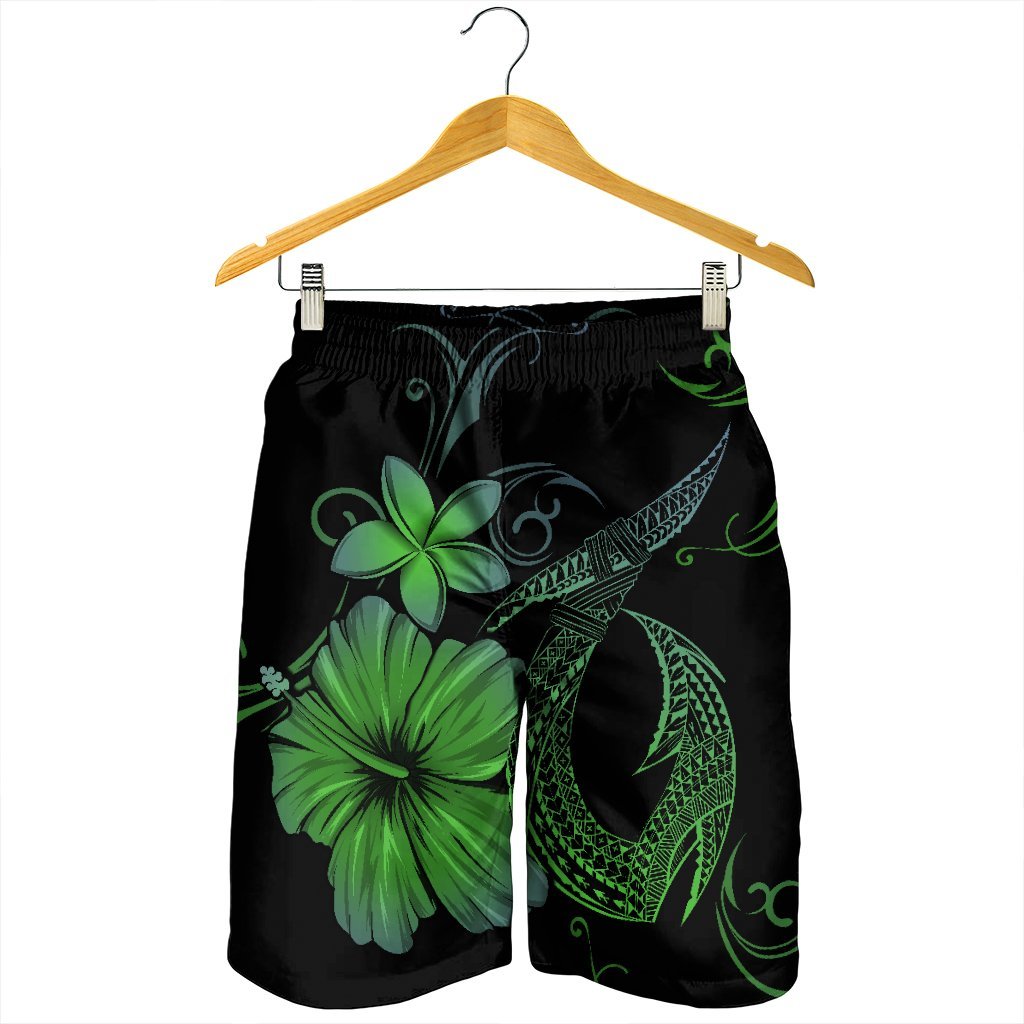 Hawaiian Fish Hook Hibiscus Plumeria Polynesian Men's Shorts - Green - AH - Polynesian Pride