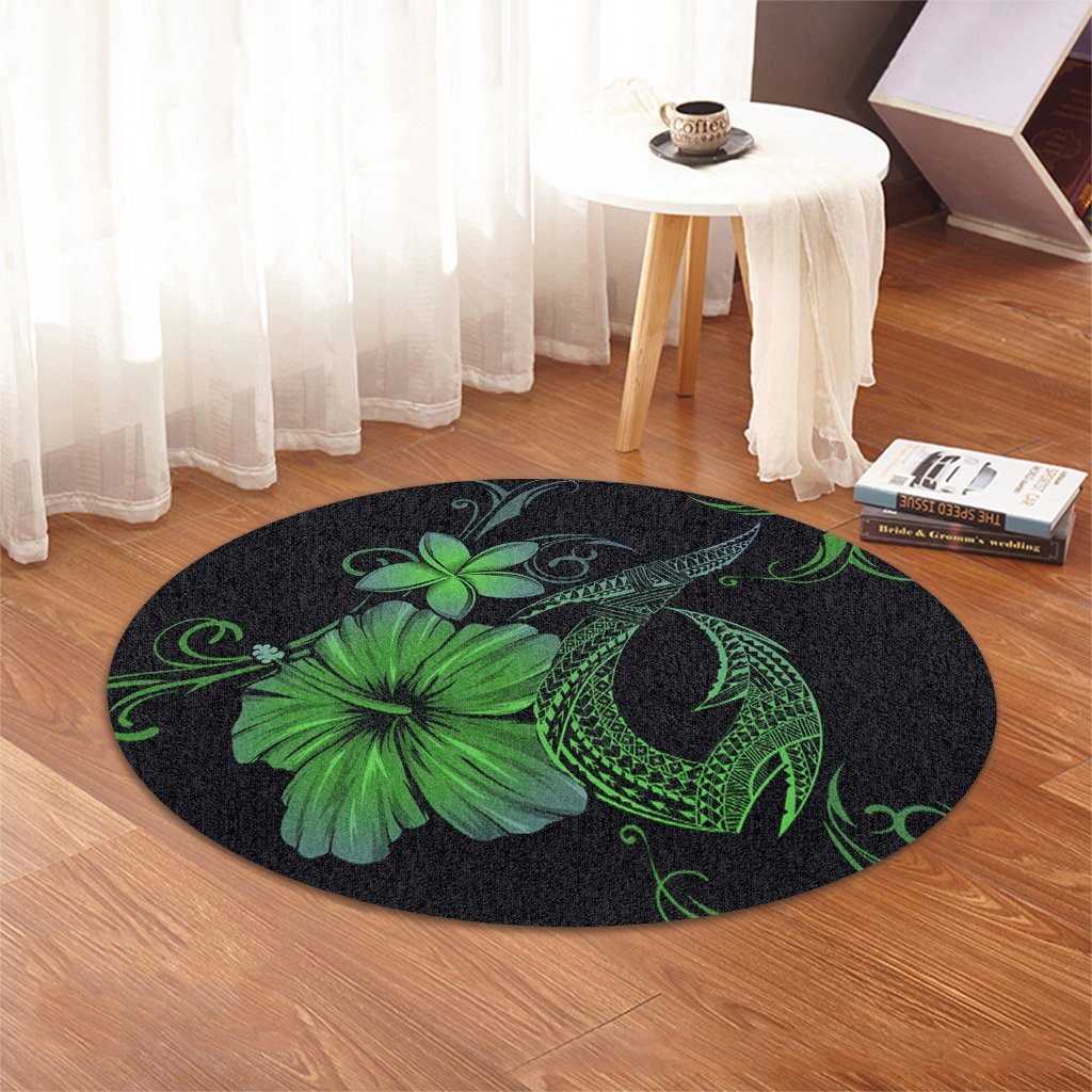 Hawaiian Fish Hook Hibiscus Plumeria Polynesian Round Carpet - Green - AH - Polynesian Pride