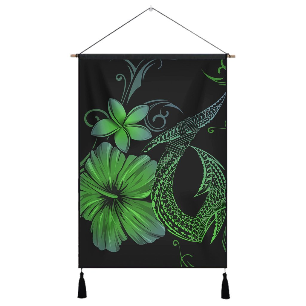 Hawaiian Fish Hook Hibiscus Plumeria Polynesian Hanging Poster - Green - AH Hanging Poster Cotton And Linen - Polynesian Pride