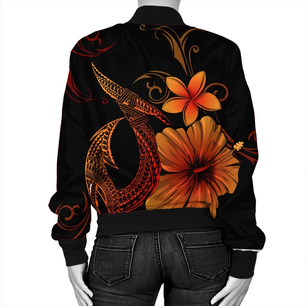 Hawaiian Fish Hook Hibiscus Plumeria Polynesian Bomber Jacket - Orange - AH - Polynesian Pride
