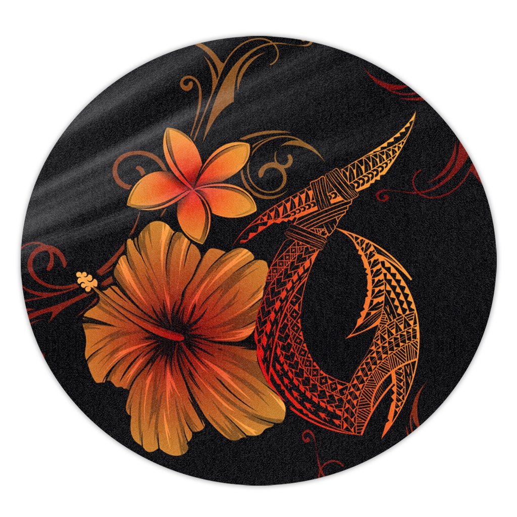 Hawaiian Fish Hook Hibiscus Plumeria Polynesian Round Carpet - Orange - AH Round Carpet Luxurious Plush - Polynesian Pride