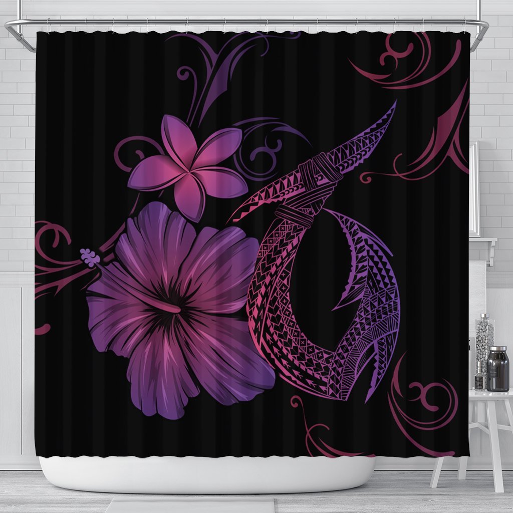 Hawaiian Fish Hook Hibiscus Plumeria Polynesian Shower Curtain - Pink - AH 177 x 172 (cm) Black - Polynesian Pride