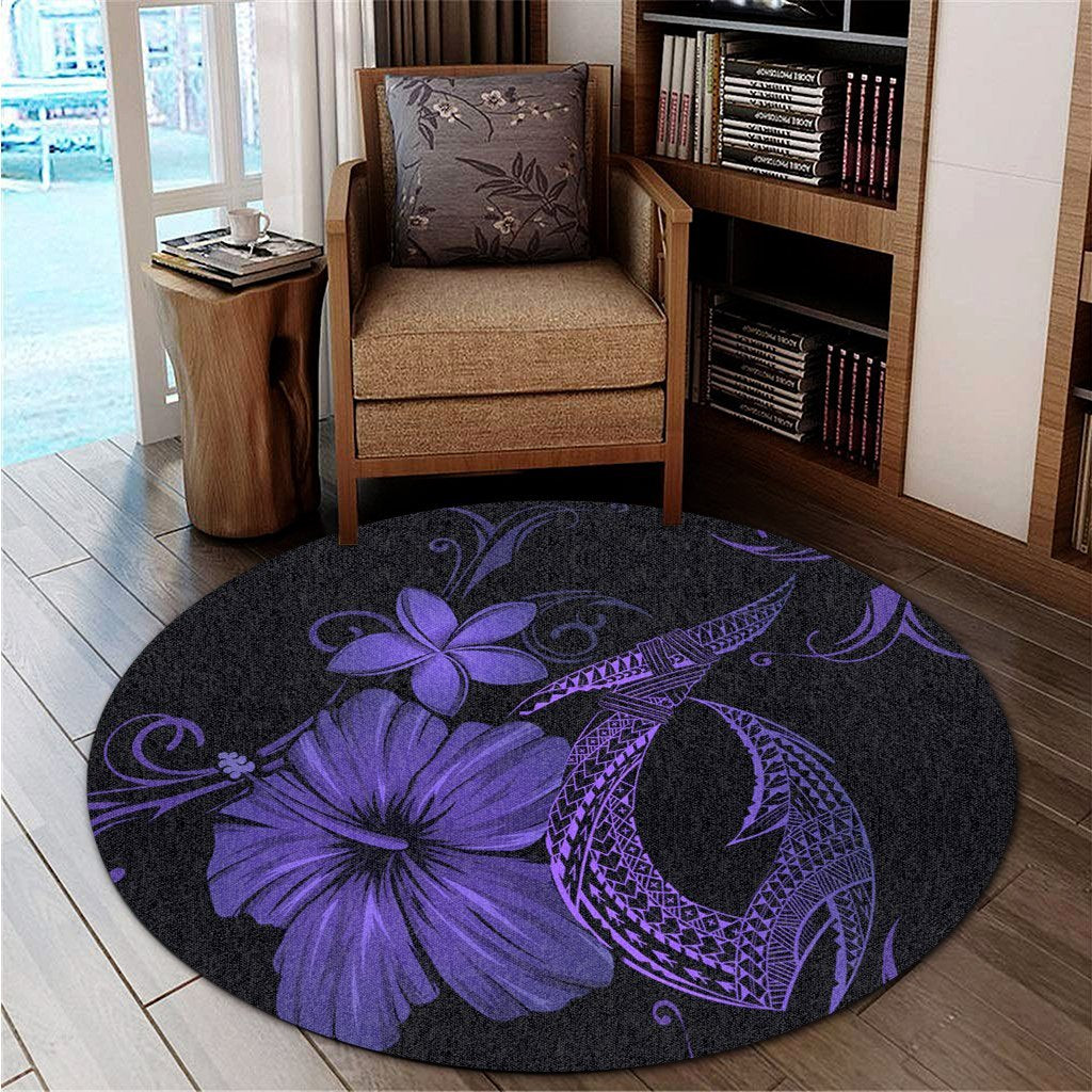 Hawaiian Fish Hook Hibiscus Plumeria Polynesian Round Carpet - Purple - AH - Polynesian Pride
