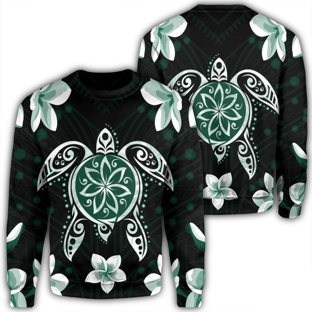 Hawaiian Greenie Turtle Plumeria Sweatshirt AH Unisex Black - Polynesian Pride