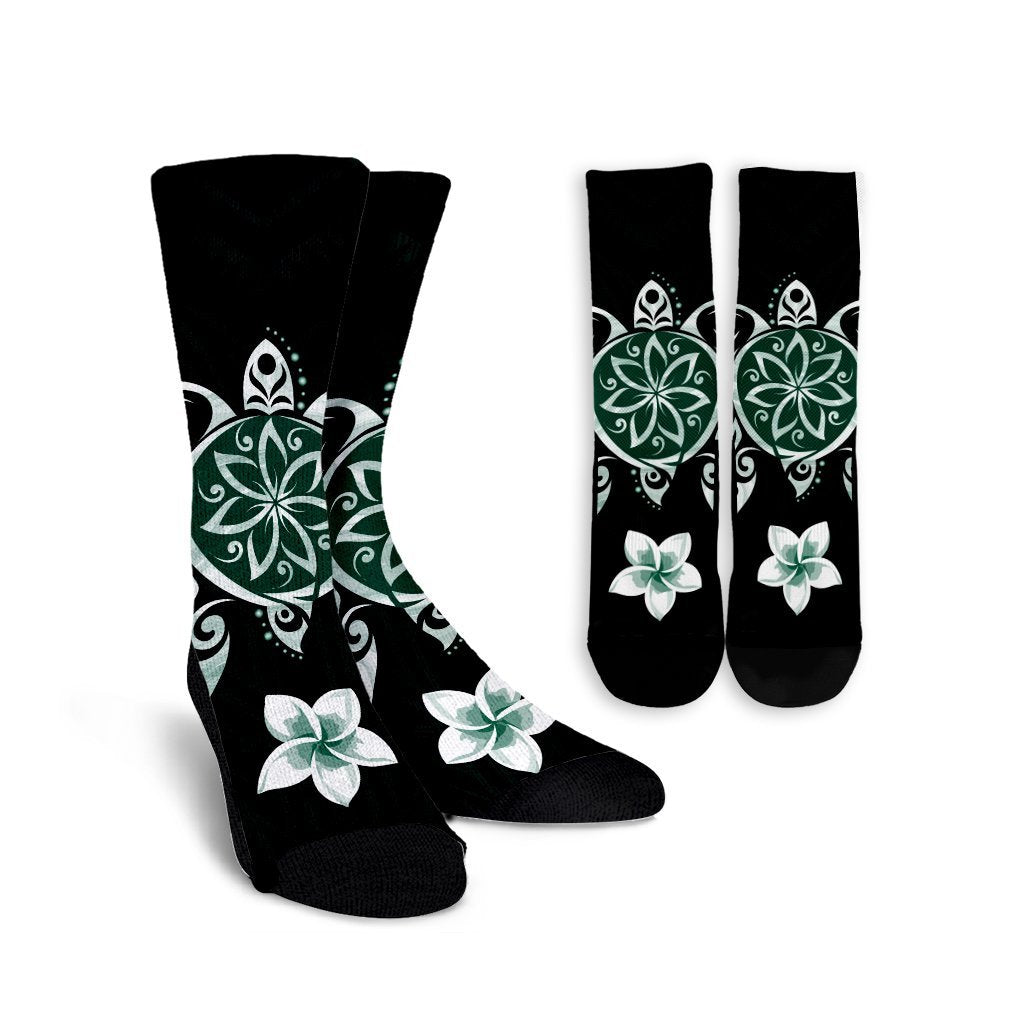 Hawaiian Greenie Turtle Plumeria Crew Socks AH Crew Socks White - Polynesian Pride
