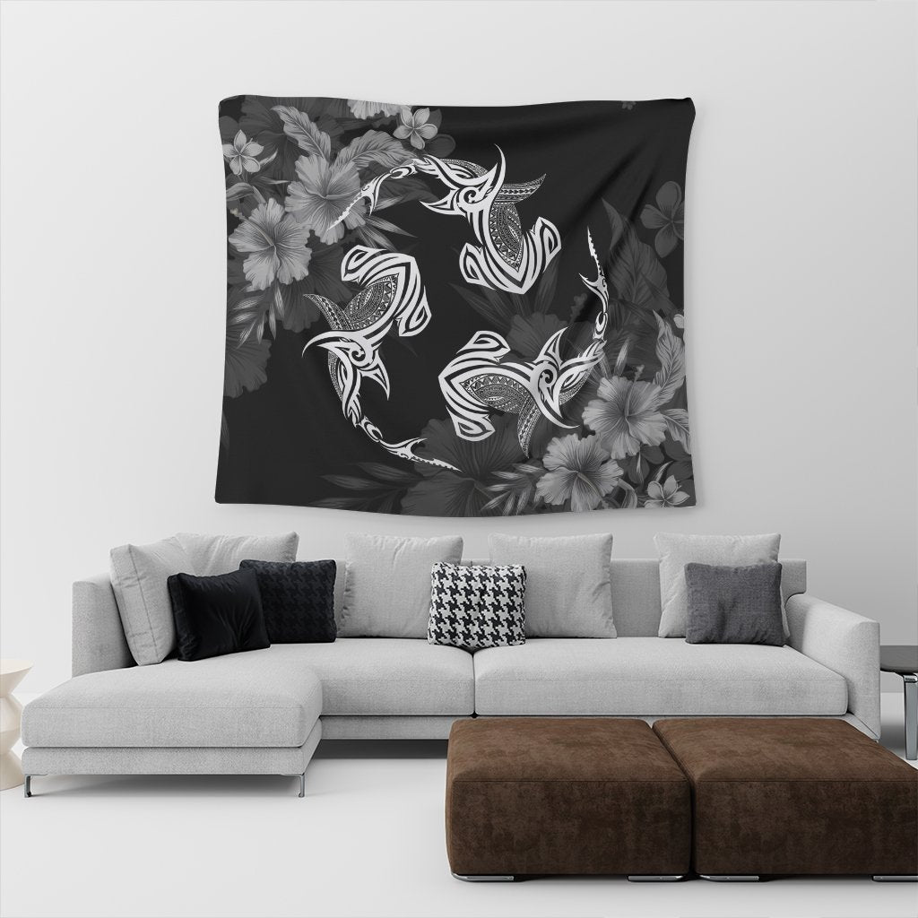 Hawaiian Hammerhead Shark Hibiscus White Polynesian Tapestry - AH - Polynesian Pride