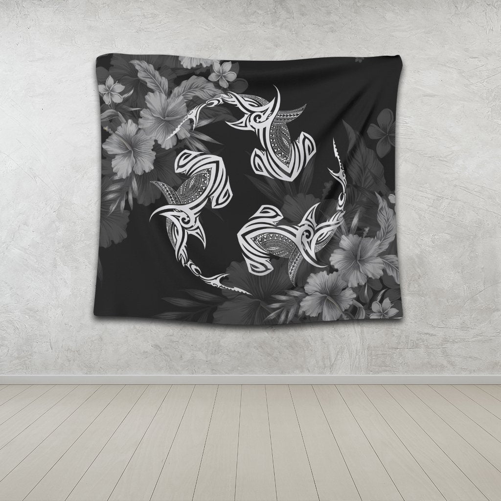 Hawaiian Hammerhead Shark Hibiscus White Polynesian Tapestry - AH - Polynesian Pride