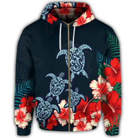 Hawaiian Hibiscus and Turtle Polynesian Zip Hoodie - Polynesian Pride