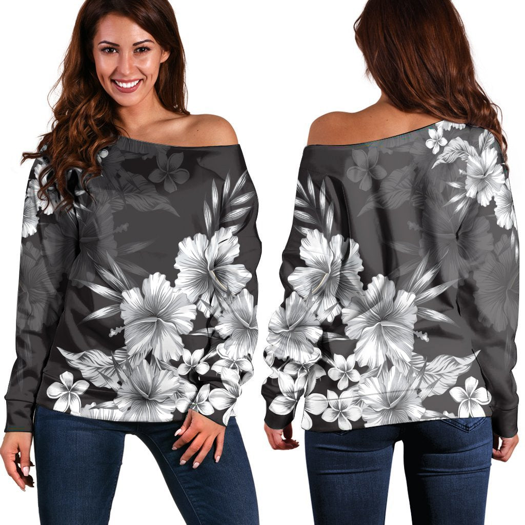 Hawaiian Hibiscus Black And White Polynesian Women's Off Shoulder Sweater - AH Black - Polynesian Pride