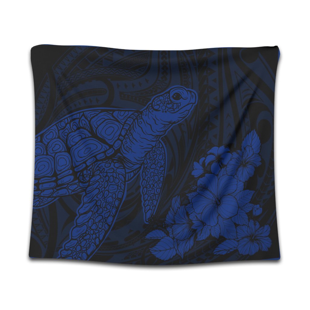 Hawaiian Hibiscus Memory Turtle Polynesian Tapestry Blue - AH Wall Tapestry Black - Polynesian Pride