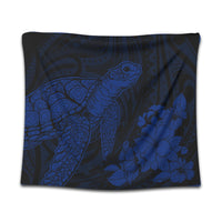 Hawaiian Hibiscus Memory Turtle Polynesian Tapestry Blue - AH Wall Tapestry Black - Polynesian Pride