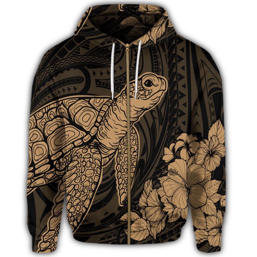 Hawaiian Hibiscus Memory Turtle Polynesian Zip Hoodie Gold - Polynesian Pride