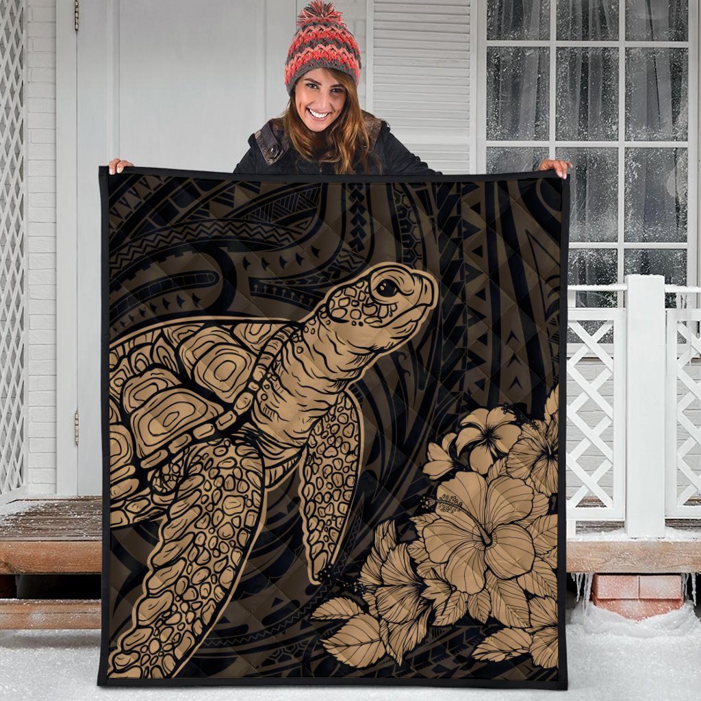 Hawaiian Hibiscus Memory Turtle Polynesian Premium Quilts Gold - AH - Polynesian Pride