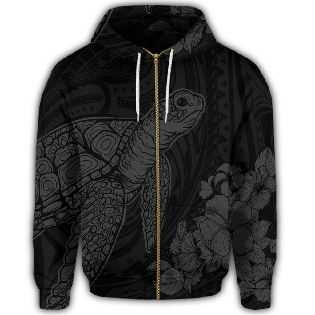 Hawaiian Hibiscus Memory Turtle Polynesian Zip Hoodie Gray - Polynesian Pride