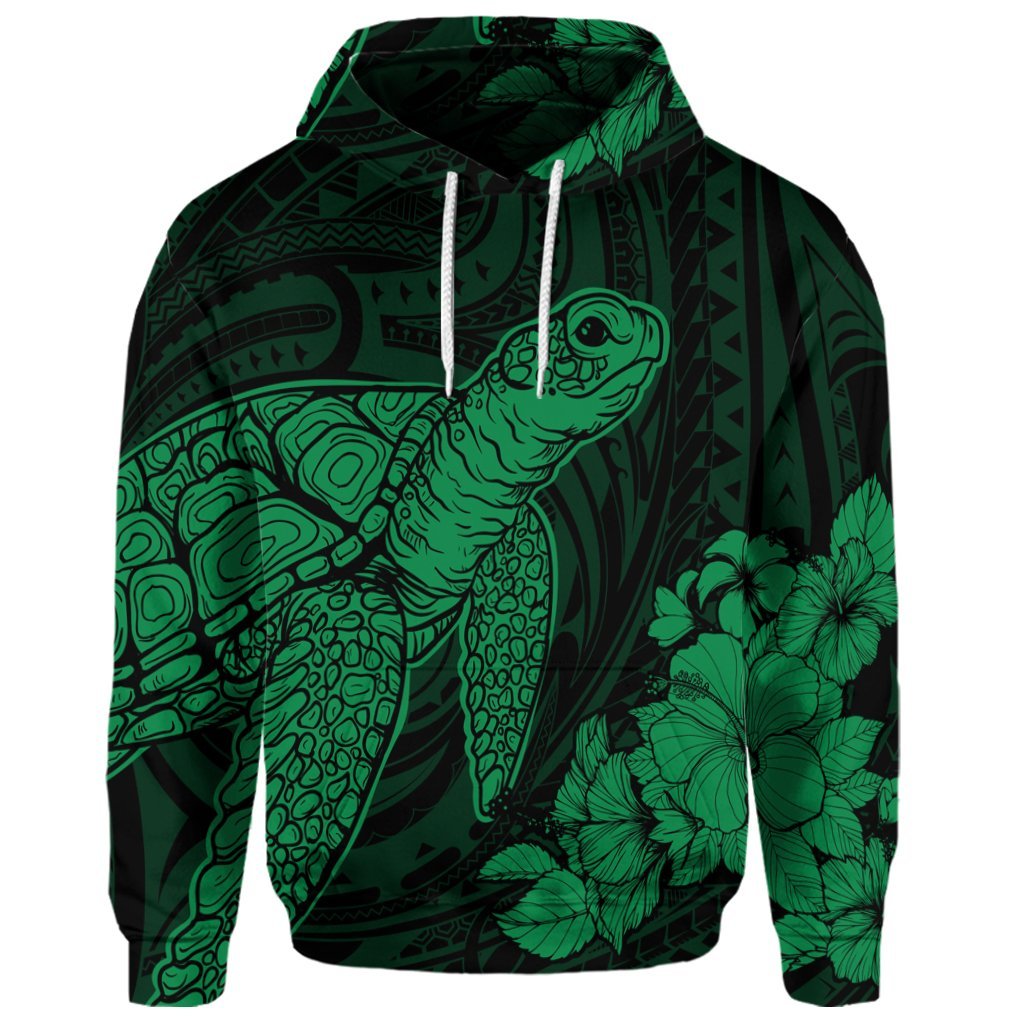 Custom Hawaiian Hibiscus Memory Turtle Polynesian Hoodie Green - Polynesian Pride