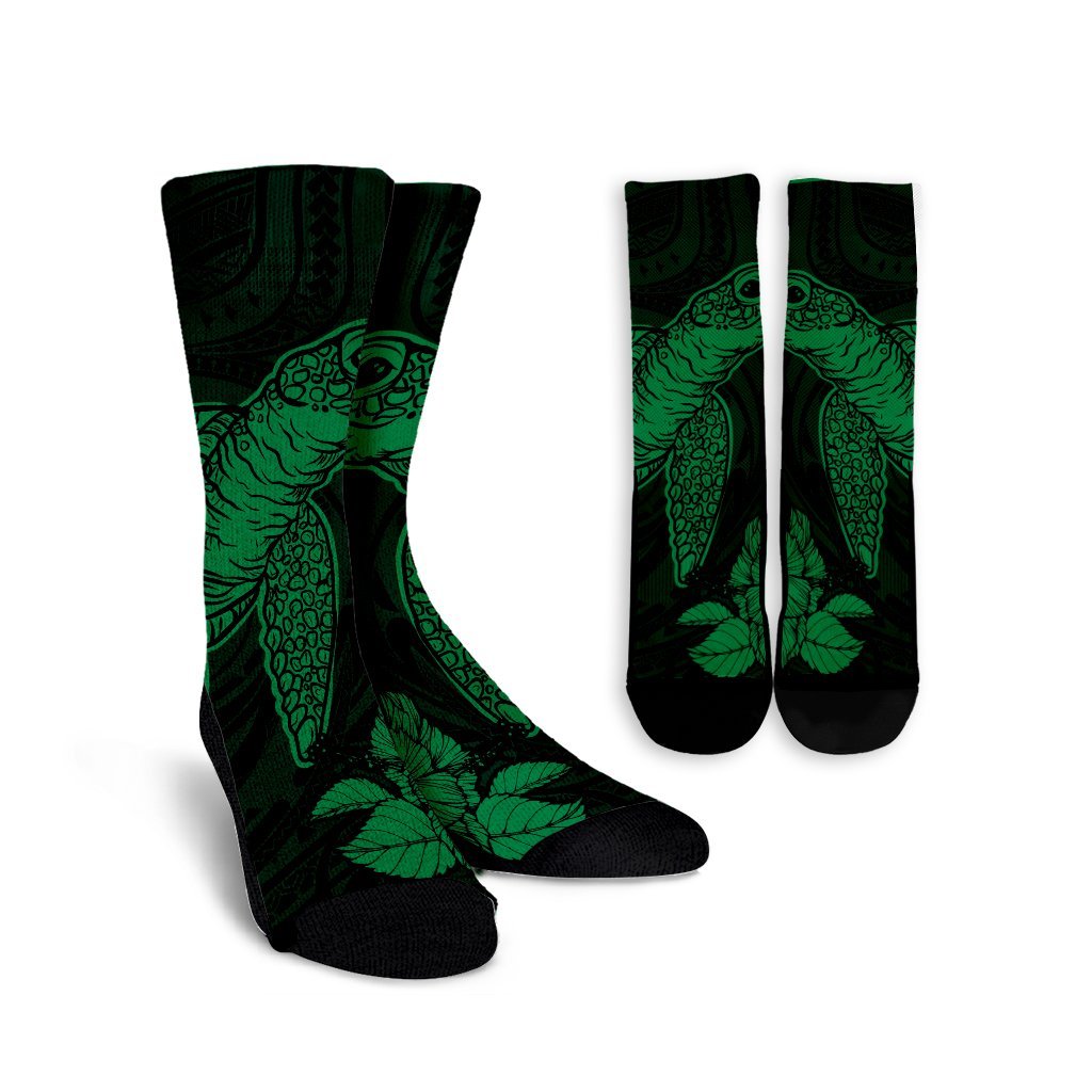 Hawaiian Hibiscus Memory Turtle Polynesian Crew Socks Green - AH Crew Socks White - Polynesian Pride
