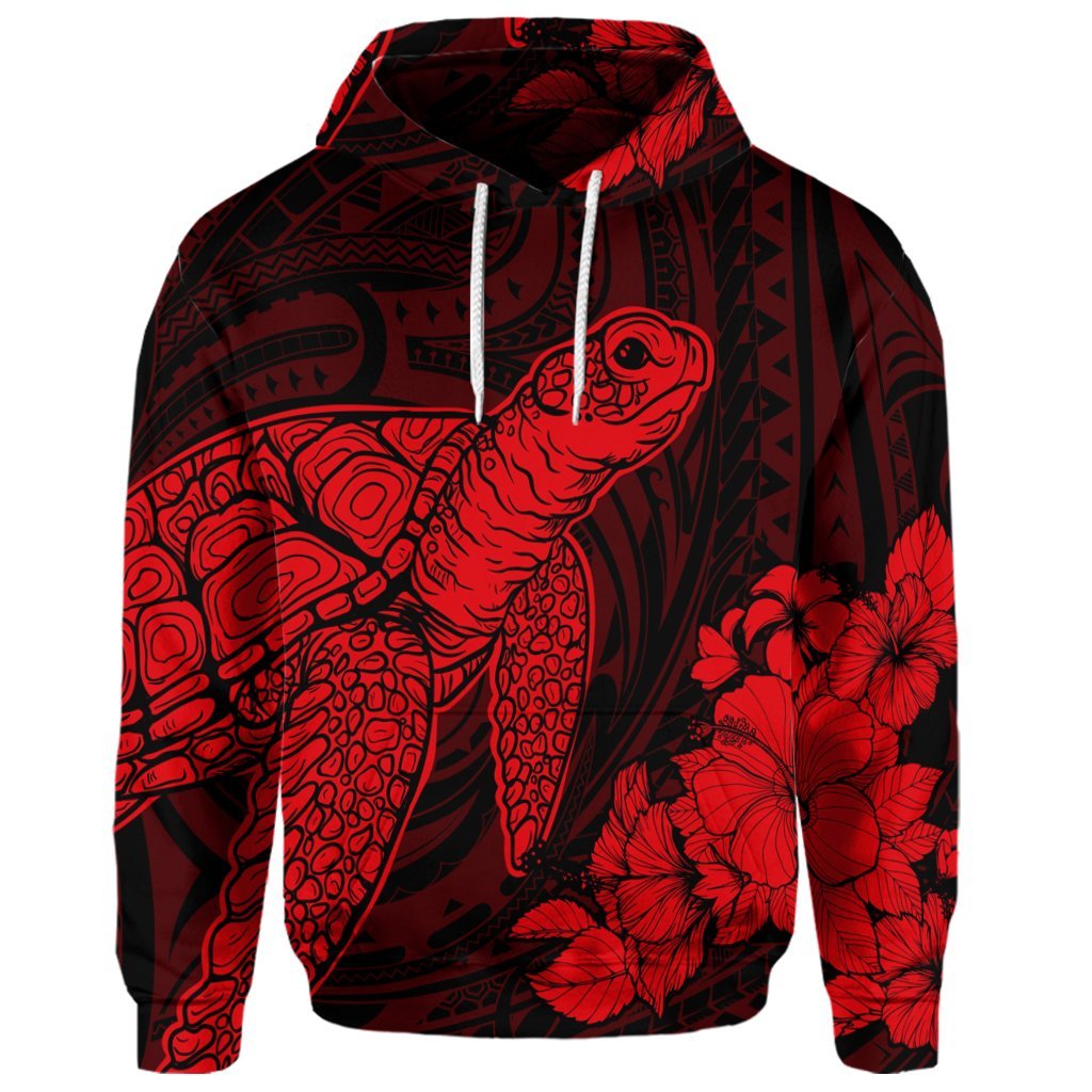 Custom Hawaiian Hibiscus Memory Turtle Polynesian Hoodie Red - Polynesian Pride