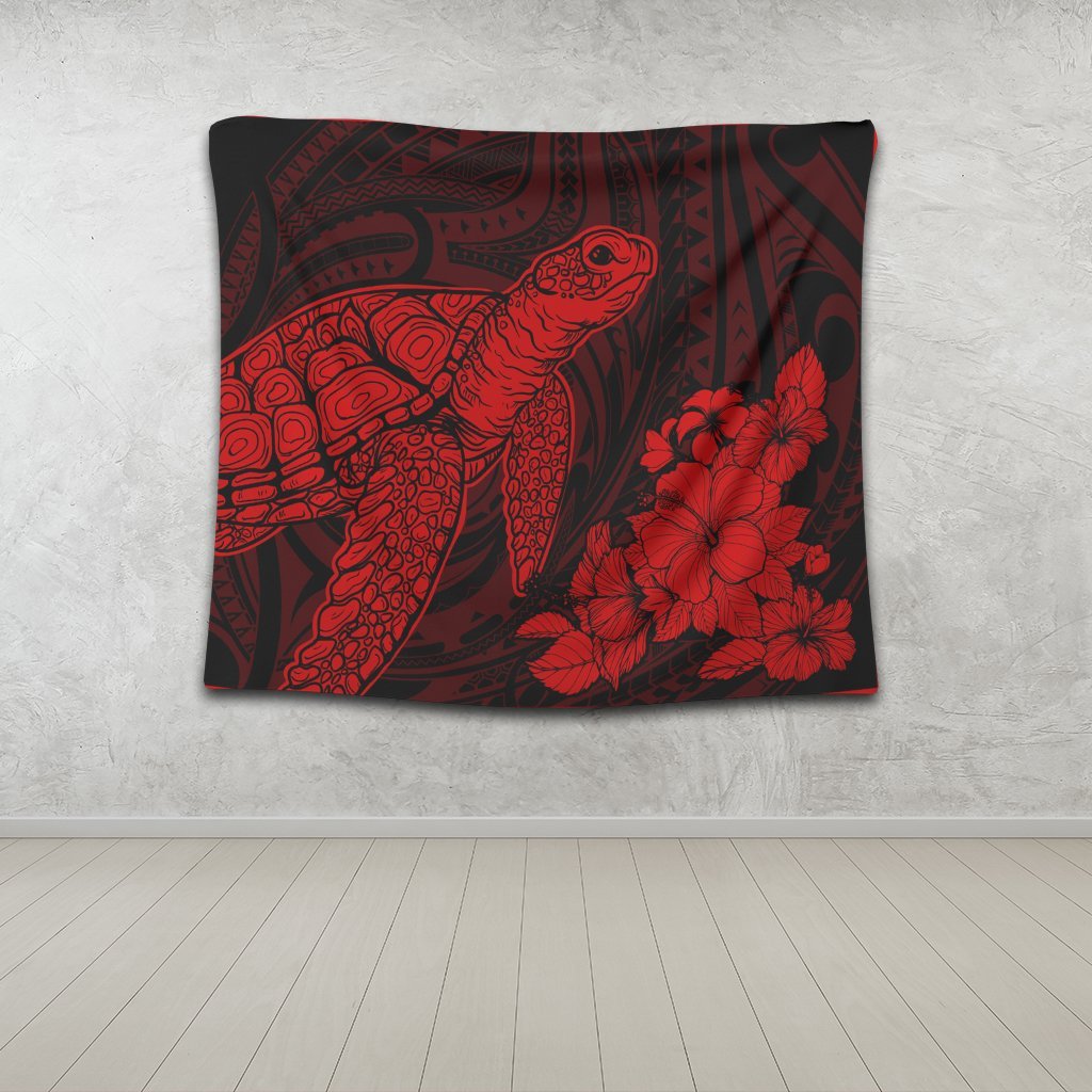 Hawaiian Hibiscus Memory Turtle Polynesian Tapestry Red - AH - Polynesian Pride