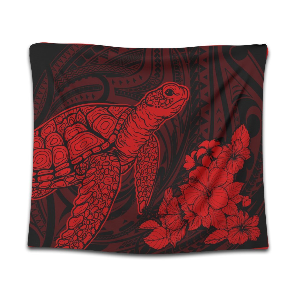 Hawaiian Hibiscus Memory Turtle Polynesian Tapestry Red - AH Wall Tapestry Black - Polynesian Pride