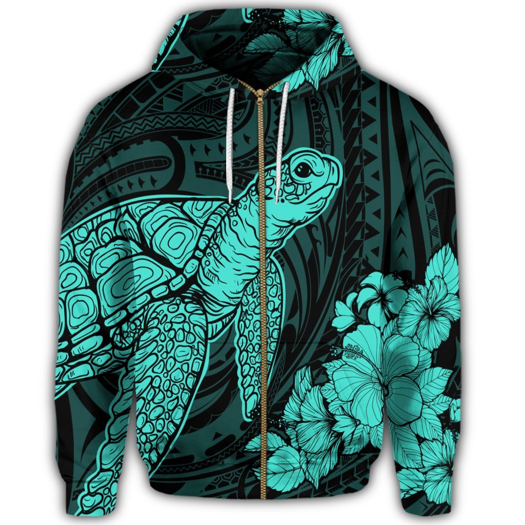 Hawaiian Hibiscus Memory Turtle Polynesian Zip Hoodie Turquoise - Polynesian Pride