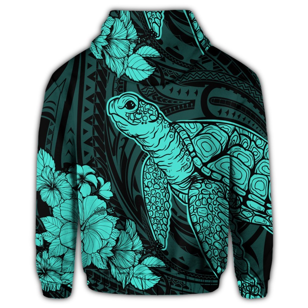 Hawaiian Hibiscus Memory Turtle Polynesian Zip Hoodie Turquoise - Polynesian Pride
