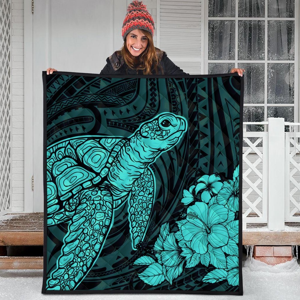 Hawaiian Hibiscus Memory Turtle Polynesian Premium Quilts Turquoise - AH - Polynesian Pride