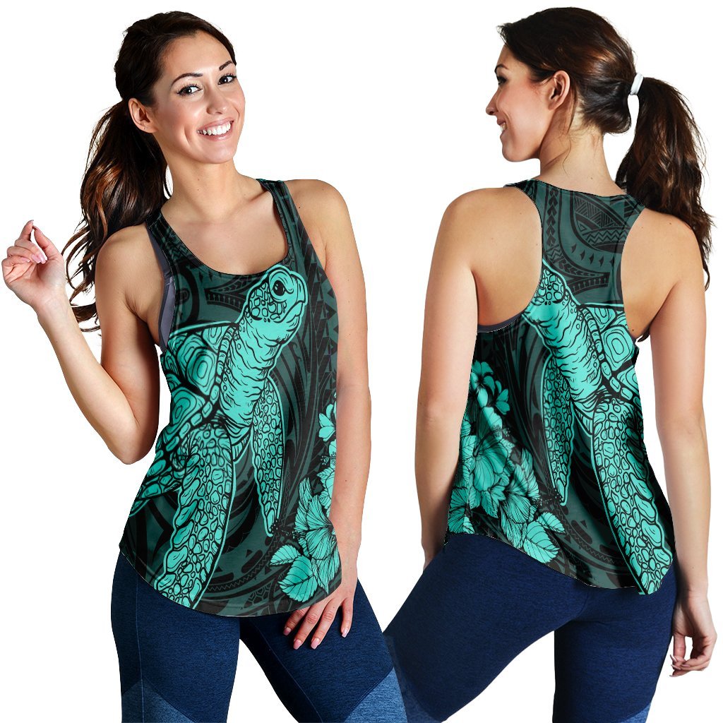Hawaiian Hibiscus Memory Turtle Polynesian Racerback Tank Turquoise - AH Black - Polynesian Pride