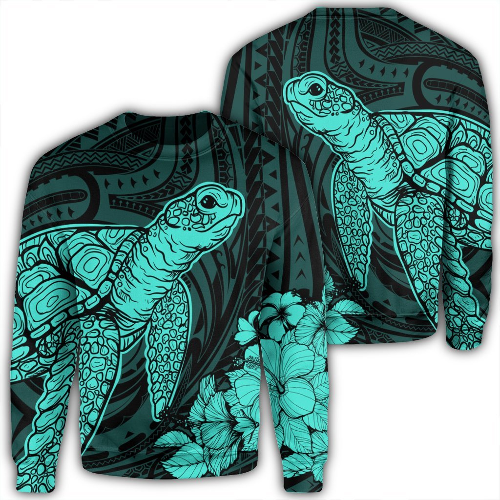 Hawaiian Hibiscus Memory Turtle Polynesian Sweatshirt Turquoise - AH Unisex Black - Polynesian Pride