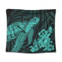 Hawaiian Hibiscus Memory Turtle Polynesian Tapestry Turquoise - AH Wall Tapestry Black - Polynesian Pride
