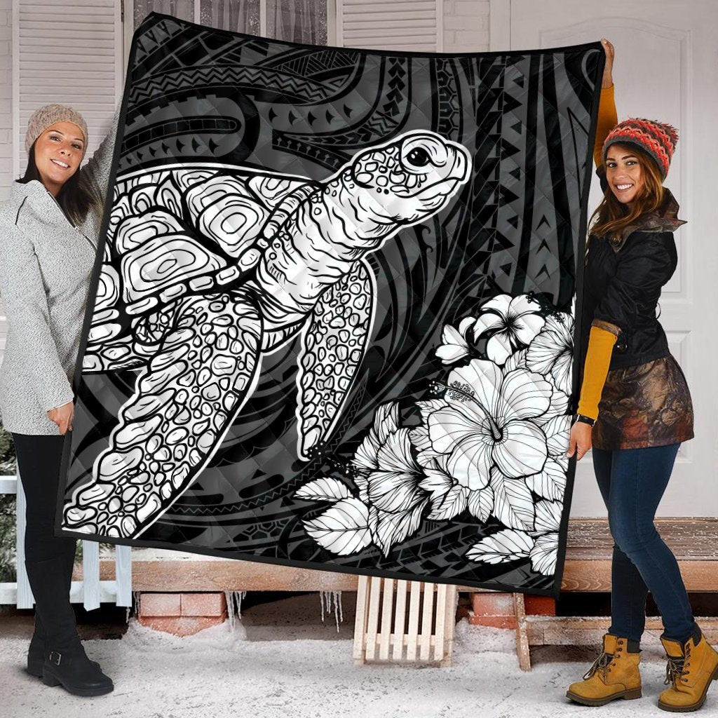 Hawaiian Hibiscus Memory Turtle Polynesian Premium Quilts White - AH - Polynesian Pride