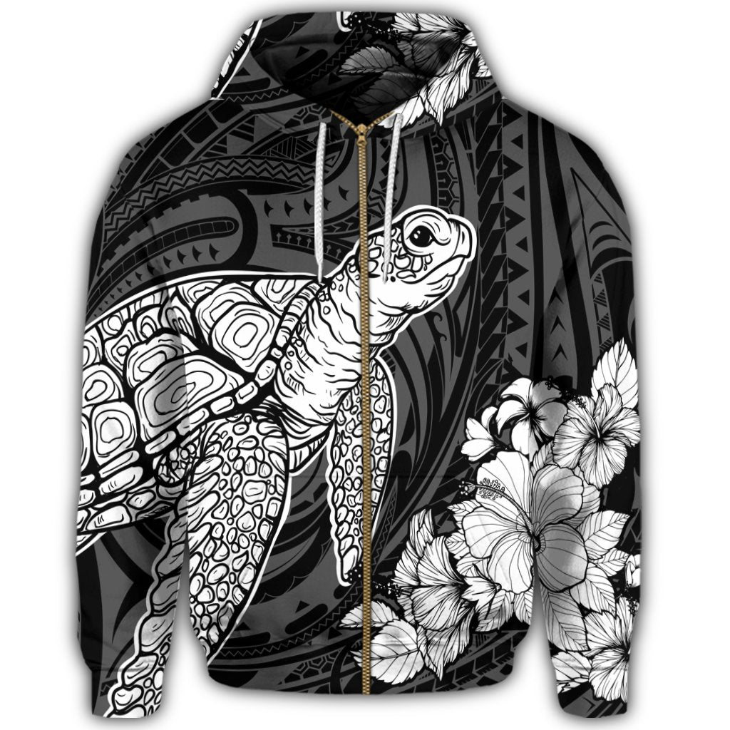 Hawaiian Hibiscus Memory Turtle Polynesian Zip Hoodie White - Polynesian Pride