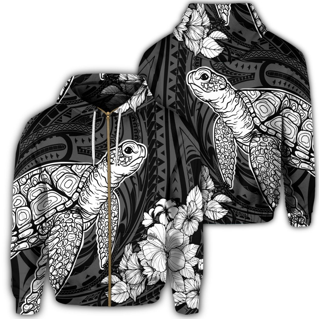 Hawaiian Hibiscus Memory Turtle Polynesian Zip Hoodie White Unisex Art - Polynesian Pride