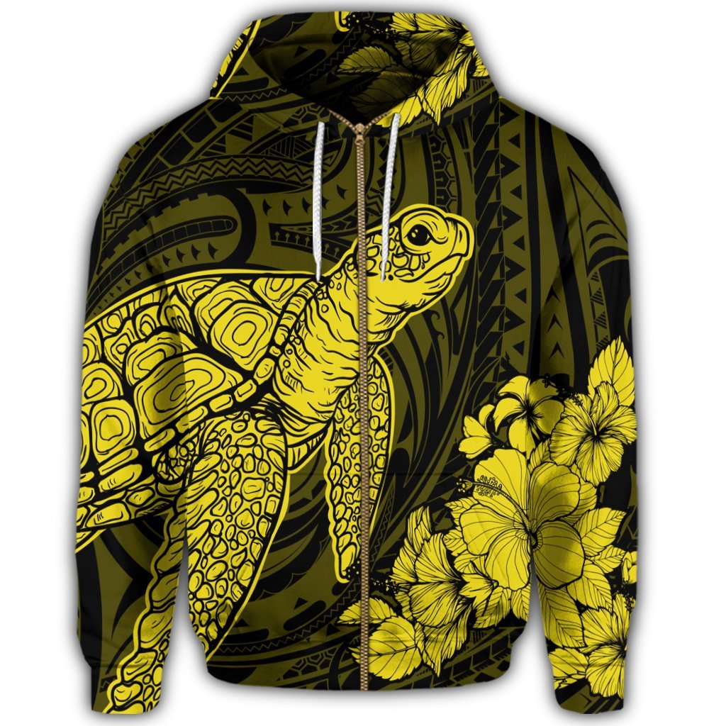 Hawaiian Hibiscus Memory Turtle Polynesian Zip Hoodie Yellow - Polynesian Pride