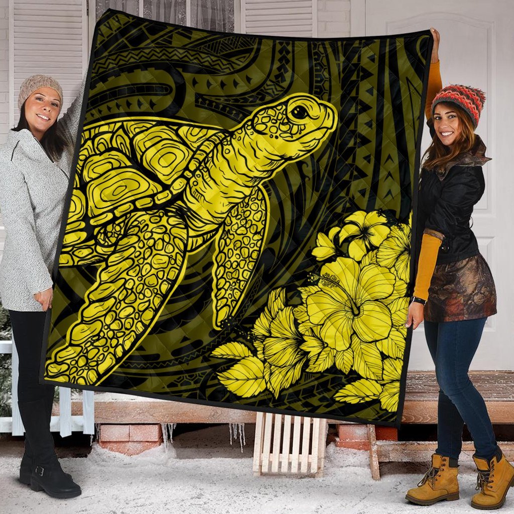 Hawaiian Hibiscus Memory Turtle Polynesian Premium Quilts Yellow - AH - Polynesian Pride