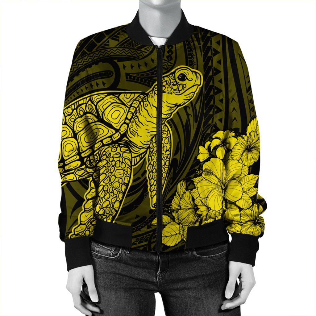 Hawaiian Hibiscus Memory Turtle Polynesian Bomber Jacket Yellow - AH - Polynesian Pride