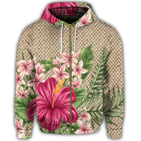 Hawaiian Hibiscus Plumeria Palm Leaves Lauhala Background Polynesian Zip Hoodie - Polynesian Pride