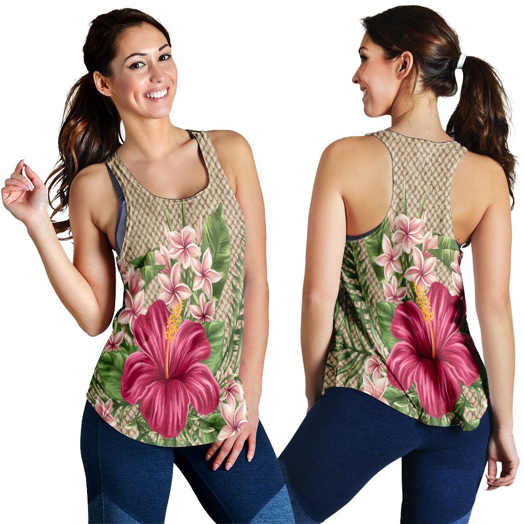Hawaiian Hibiscus Plumeria Palm Leaves Lauhala Background Polynesian Racerback Tank - AH Black - Polynesian Pride