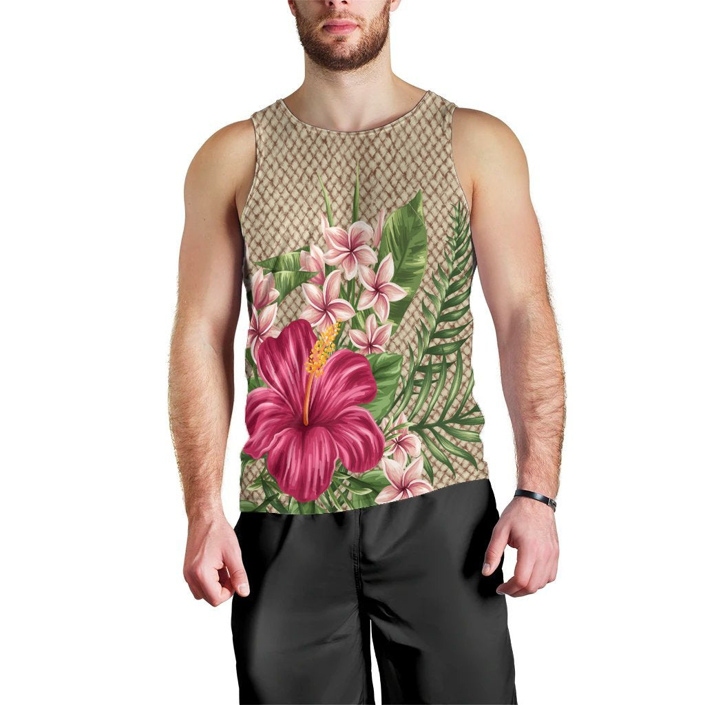 Hawaiian Hibiscus Plumeria Palm Leaves Lauhala Background Polynesian Tank Top - AH Black - Polynesian Pride