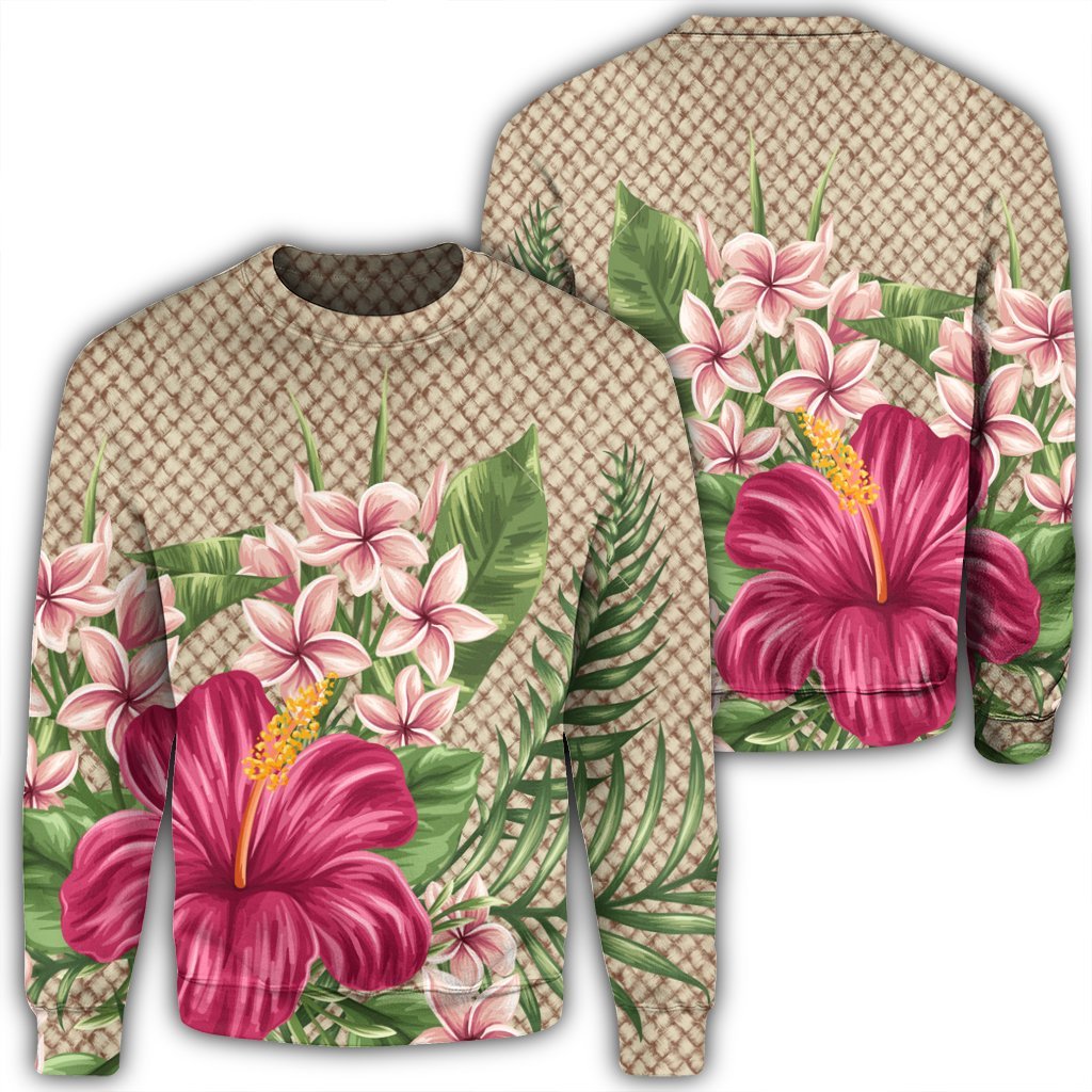 Hawaiian Hibiscus Plumeria Palm Leaves Lauhala Background Polynesian Sweatshirt - AH Unisex Black - Polynesian Pride