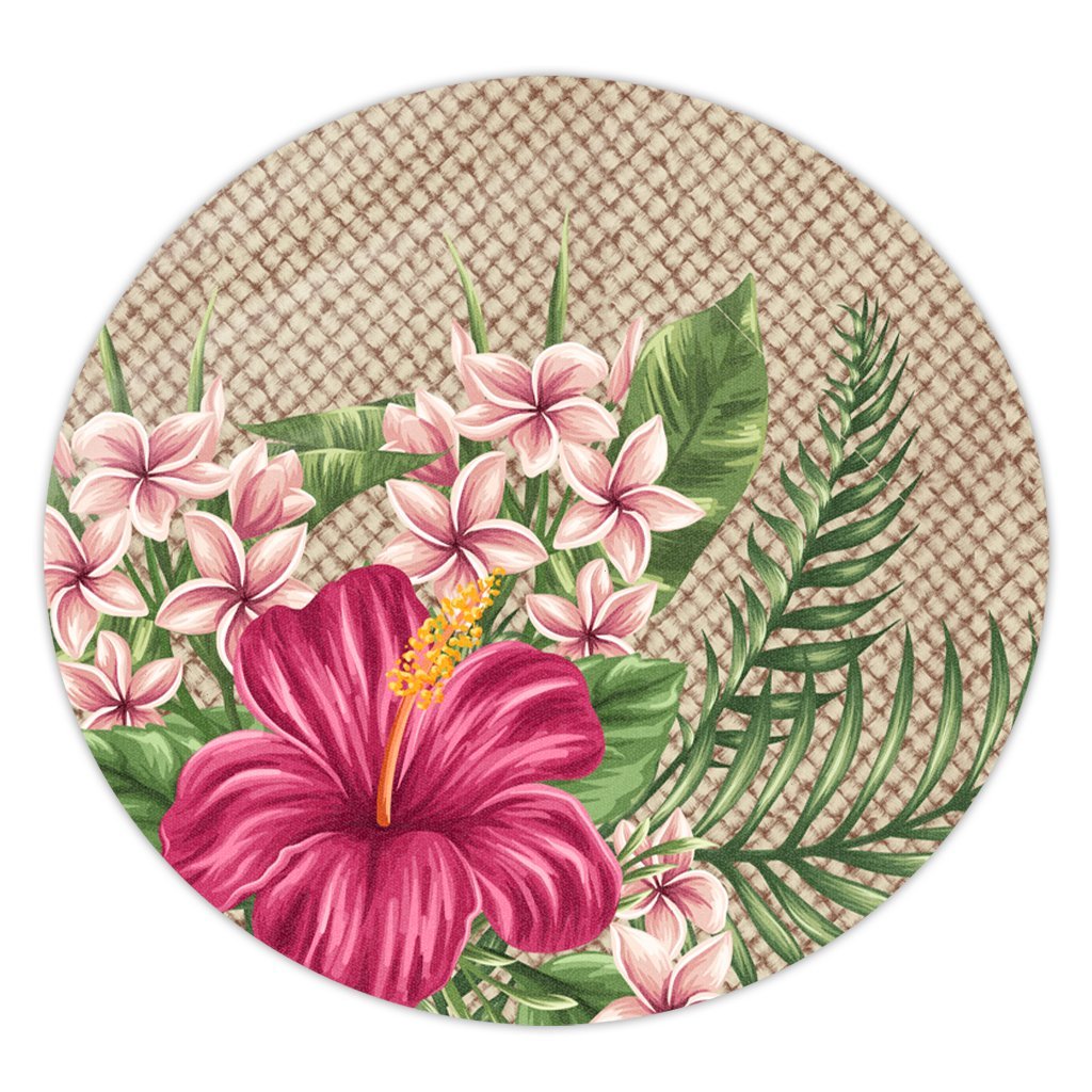 Hawaiian Hibiscus Plumeria Palm Leaves Lauhala Background Polynesian Round Carpet - AH Round Carpet Luxurious Plush - Polynesian Pride